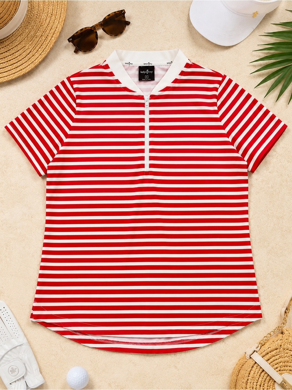 Belyn Key Red White Stripe Quarter Zip Golf Polo Women L | Like New